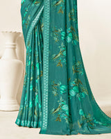 Vishal Prints Jade Green Criva Crepe Digital Print Saree With Weaved Viscose Patta