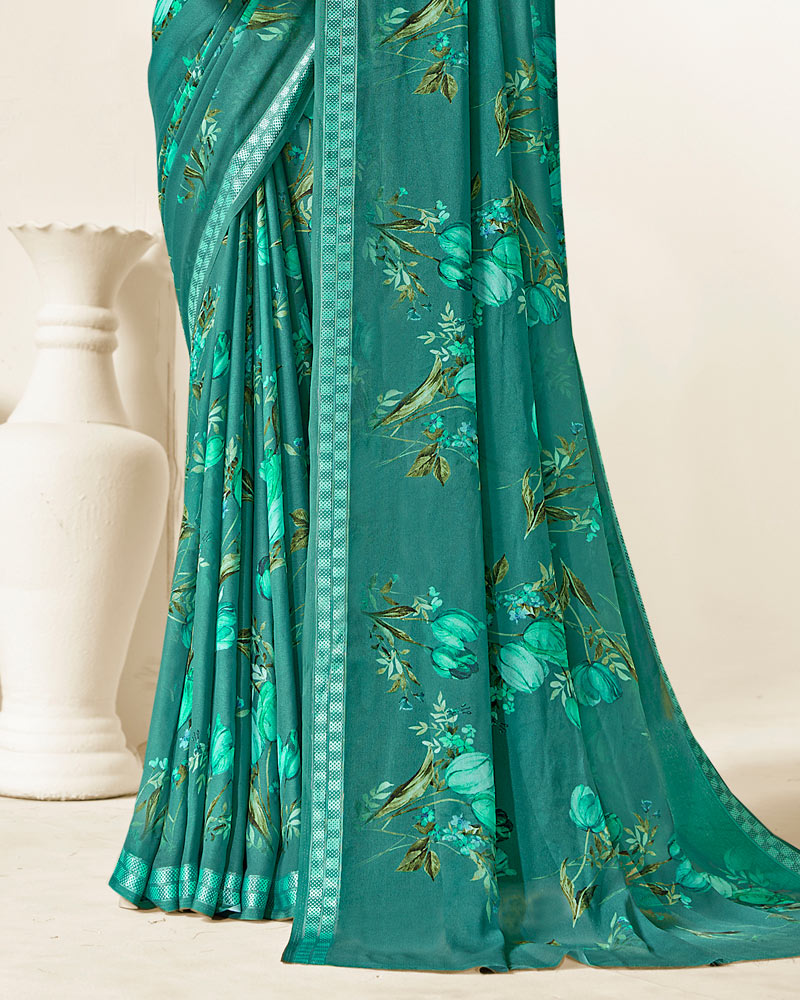 Vishal Prints Jade Green Criva Crepe Digital Print Saree With Weaved Viscose Patta