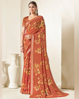Vishal Prints Dark Orange Criva Crepe Digital Print Saree With Weaved Viscose Patta