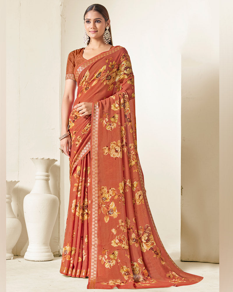 Vishal Prints Dark Orange Criva Crepe Digital Print Saree With Weaved Viscose Patta