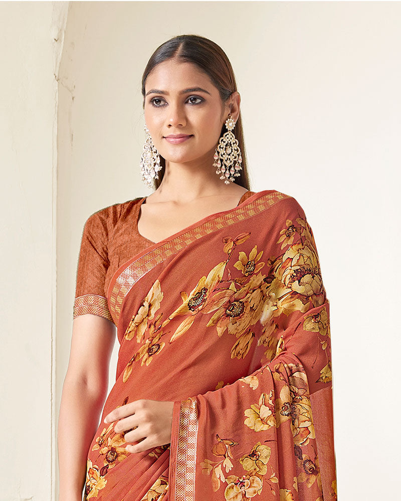 Vishal Prints Dark Orange Criva Crepe Digital Print Saree With Weaved Viscose Patta