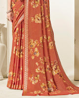 Vishal Prints Dark Orange Criva Crepe Digital Print Saree With Weaved Viscose Patta