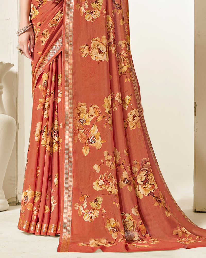 Vishal Prints Dark Orange Criva Crepe Digital Print Saree With Weaved Viscose Patta
