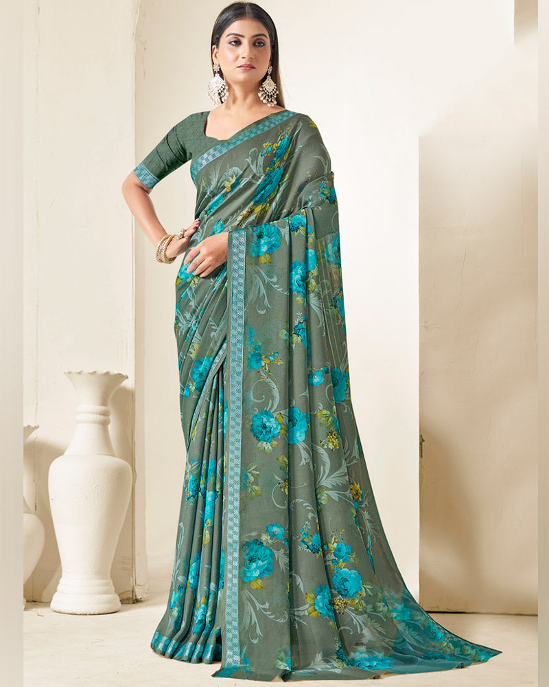 Vishal Prints Hazel Green Criva Crepe Digital Print Saree With Weaved Viscose Patta