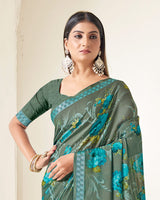 Vishal Prints Hazel Green Criva Crepe Digital Print Saree With Weaved Viscose Patta