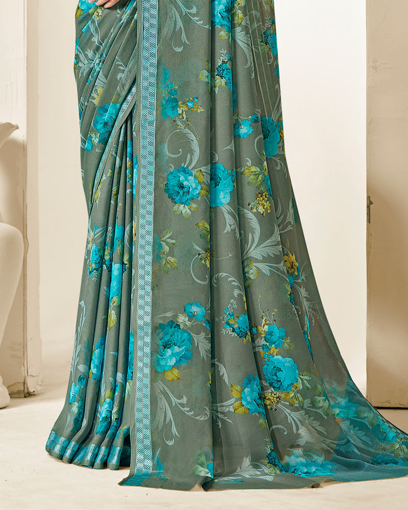 Vishal Prints Hazel Green Criva Crepe Digital Print Saree With Weaved Viscose Patta