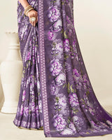 Vishal Prints Purple Taupe Criva Crepe Digital Print Saree With Weaved Viscose Patta