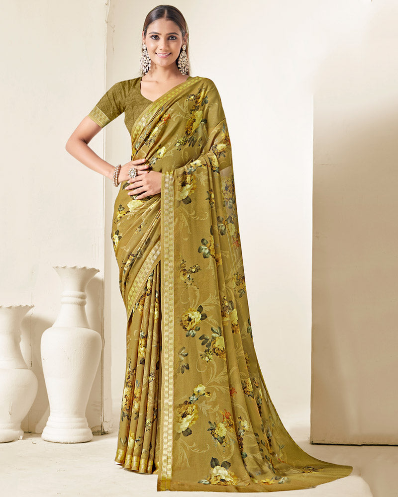Vishal Prints Sandy Taupe Criva Crepe Digital Print Saree With Weaved Viscose Patta