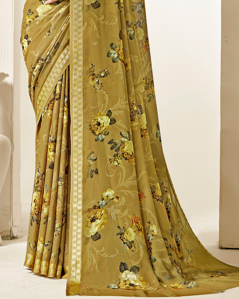 Vishal Prints Sandy Taupe Criva Crepe Digital Print Saree With Weaved Viscose Patta