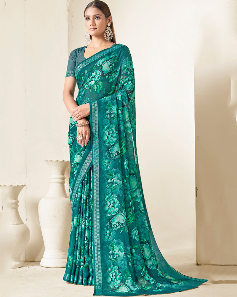 Vishal Prints Deep Sea Green Criva Crepe Digital Print Saree With Weaved Viscose Patta