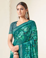 Vishal Prints Deep Sea Green Criva Crepe Digital Print Saree With Weaved Viscose Patta