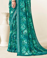 Vishal Prints Deep Sea Green Criva Crepe Digital Print Saree With Weaved Viscose Patta