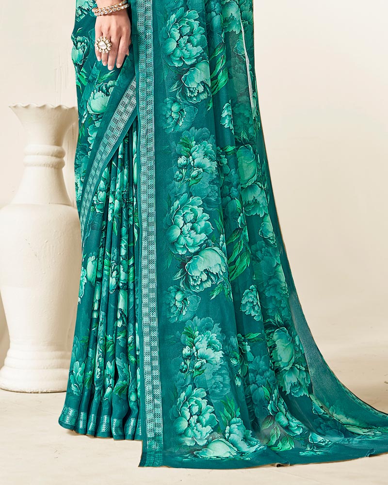 Vishal Prints Deep Sea Green Criva Crepe Digital Print Saree With Weaved Viscose Patta