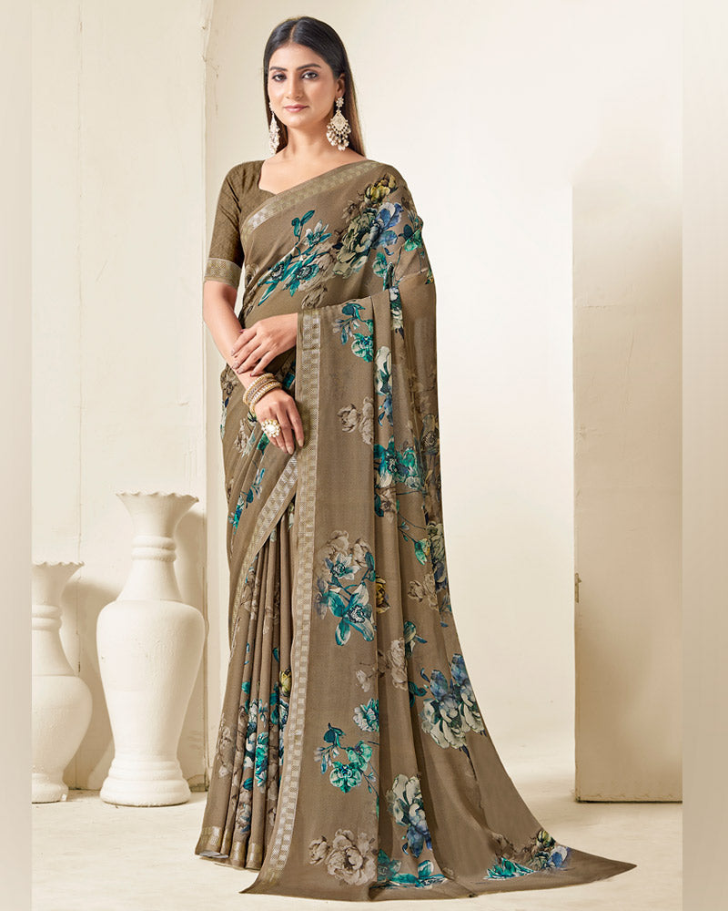 Vishal Prints Pale Brown Criva Crepe Digital Print Saree With Weaved Viscose Patta