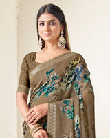 Vishal Prints Pale Brown Criva Crepe Digital Print Saree With Weaved Viscose Patta
