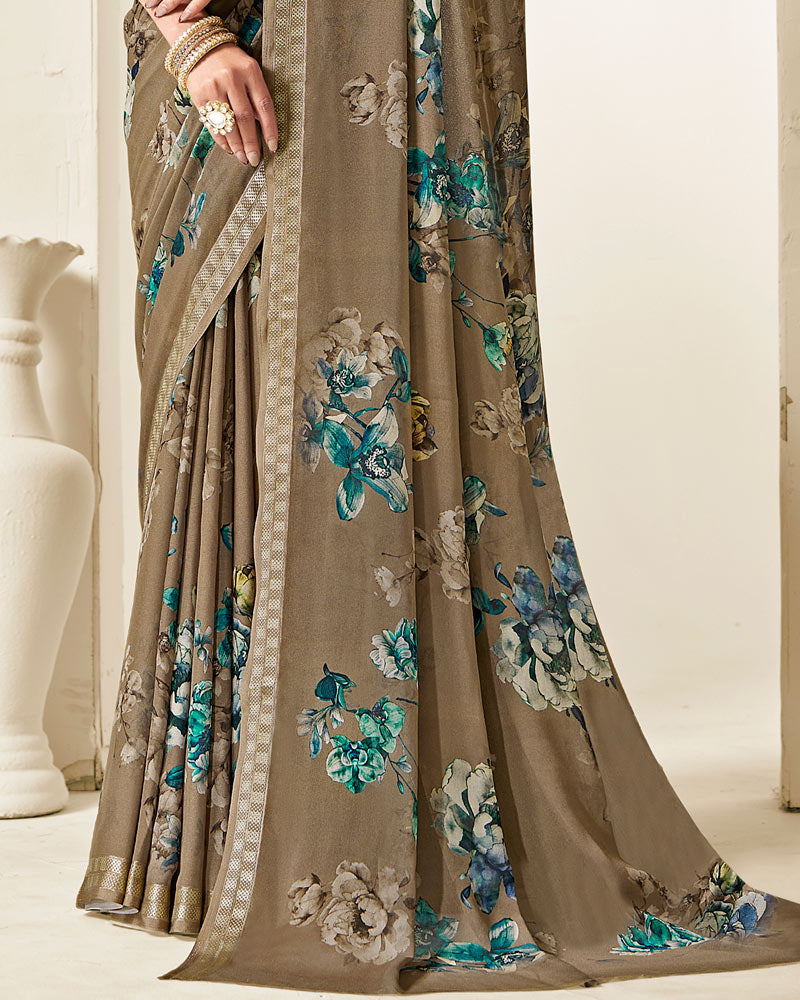Vishal Prints Pale Brown Criva Crepe Digital Print Saree With Weaved Viscose Patta