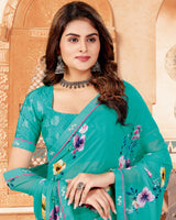 Vishal Prints Teal Blue Digital Print Georgette Saree With Fancy Border