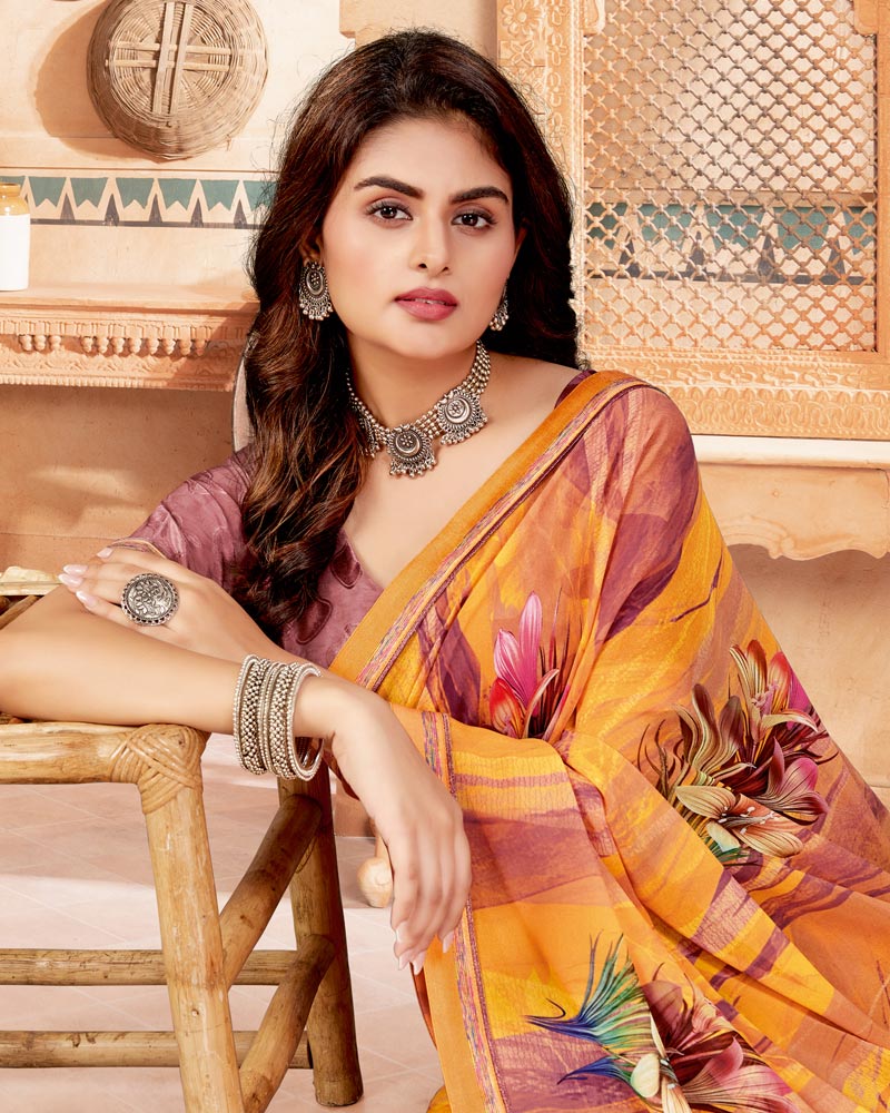 Vishal Prints Mustard Digital Print Georgette Saree With Fancy Border