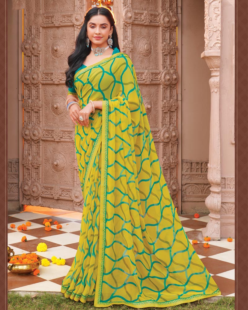 Vishal Prints Mustard Yellow Printed Georgette Saree With Fancy Border