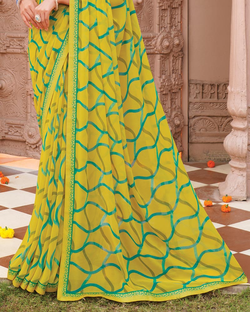 Vishal Prints Mustard Yellow Printed Georgette Saree With Fancy Border