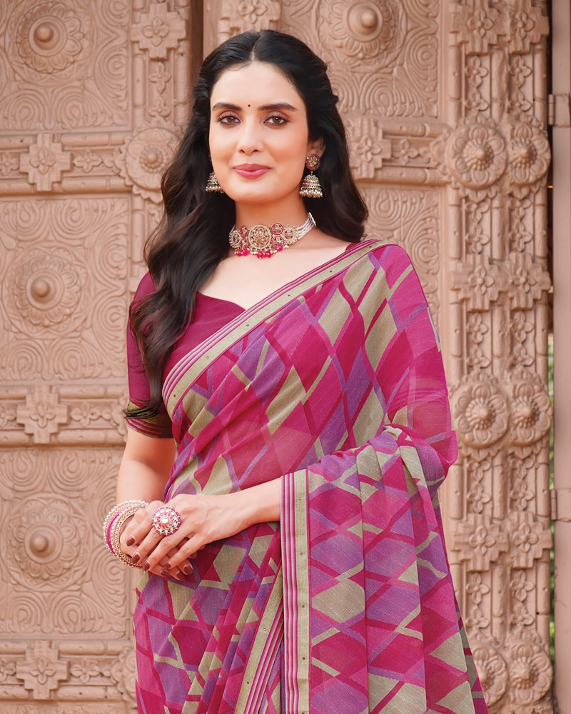 Vishal Prints Burnt Pink And Dusty Purple Printed Georgette Saree With Fancy Border