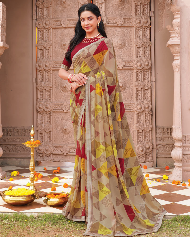 Vishal Prints French Beige Printed Georgette Saree With Fancy Border
