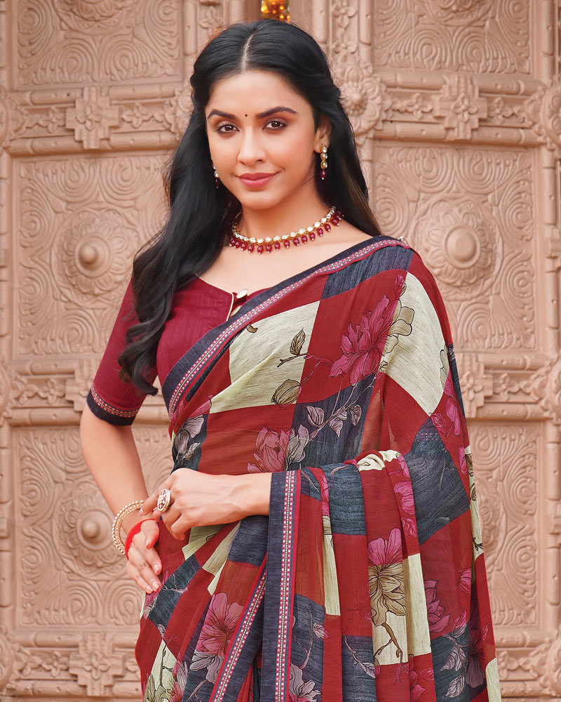 Vishal Prints Brick Red Printed Georgette Saree With Fancy Border