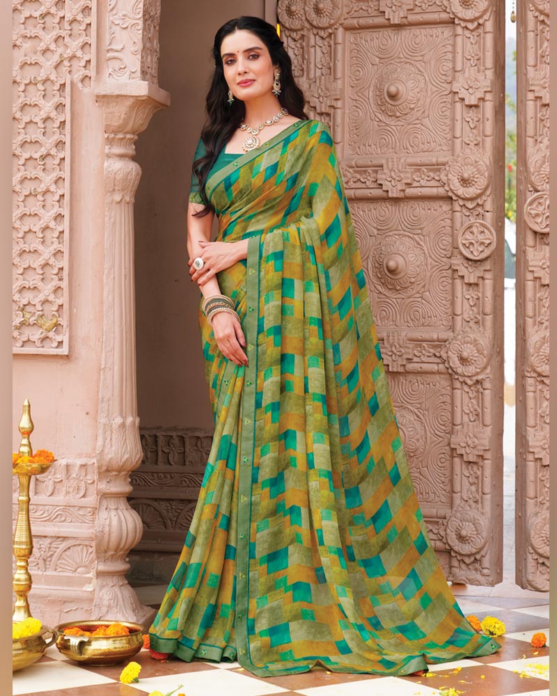 Vishal Prints Multi Green Printed Chiffon Saree With Fancy Border
