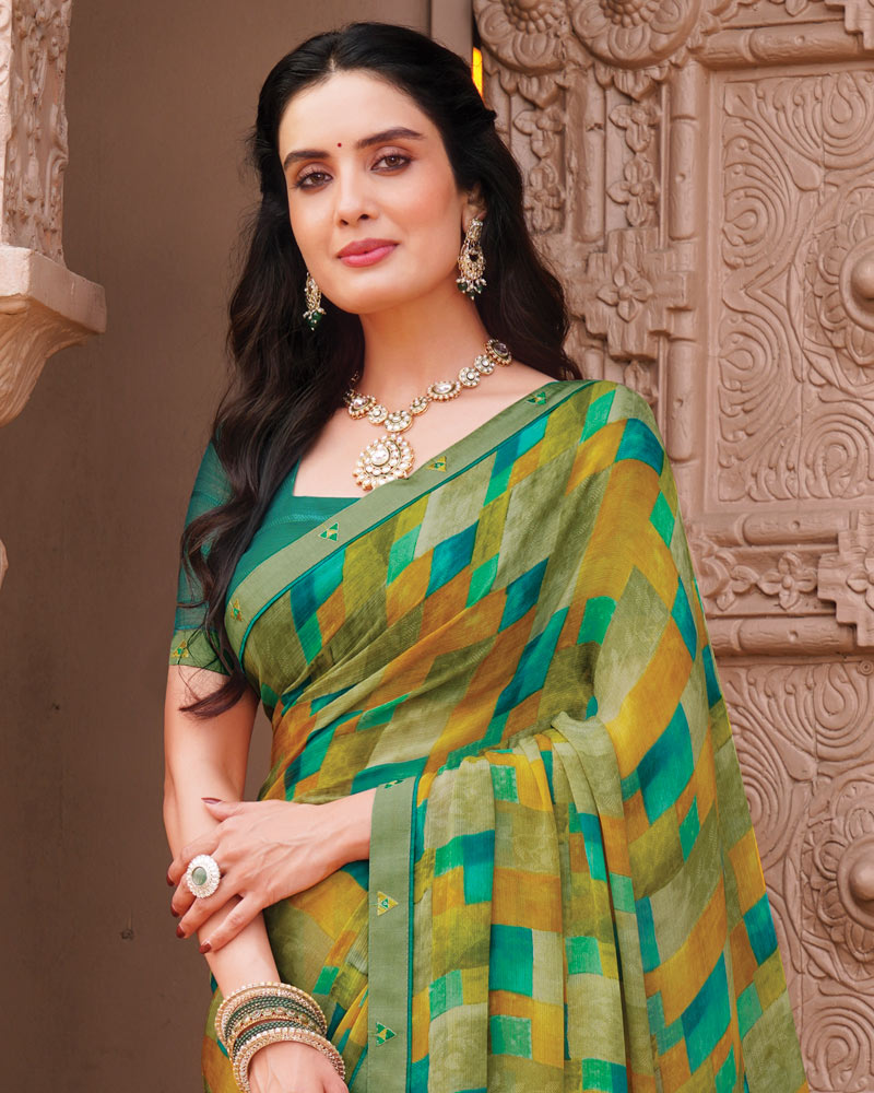 Vishal Prints Multi Green Printed Chiffon Saree With Fancy Border