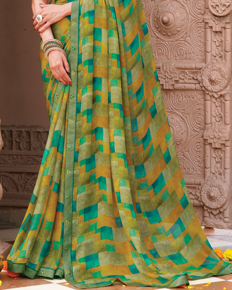 Vishal Prints Multi Green Printed Chiffon Saree With Fancy Border