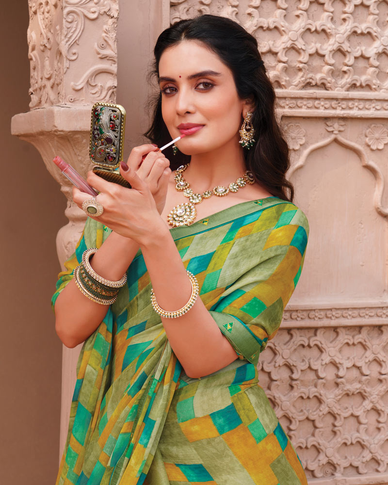 Vishal Prints Multi Green Printed Chiffon Saree With Fancy Border