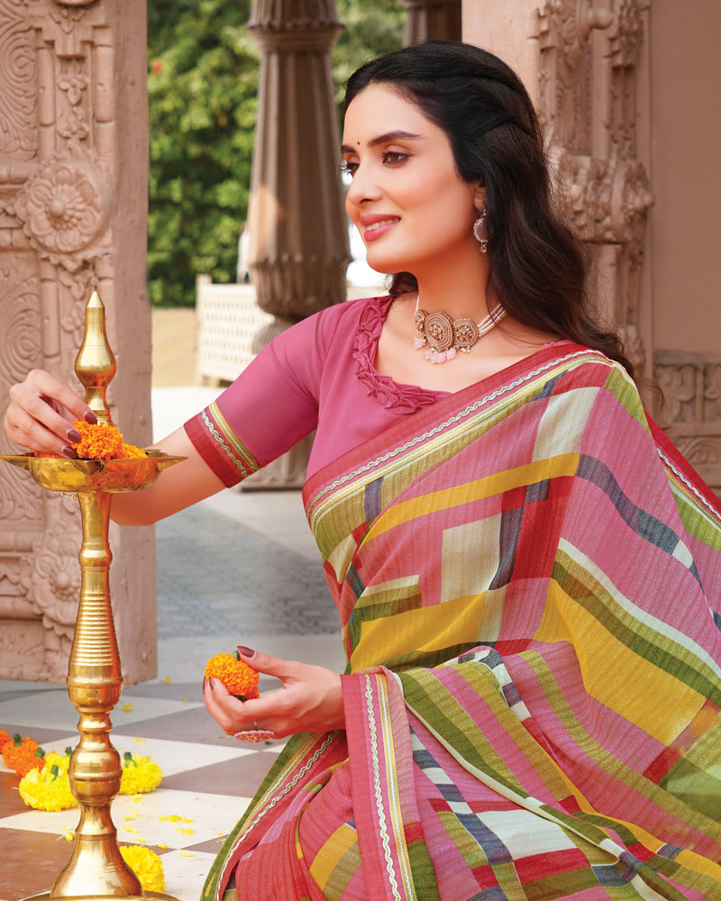 Vishal Prints Deep Blush Pink Printed Georgette Saree With Fancy Border