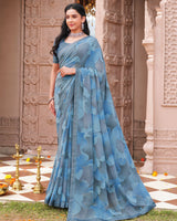 Vishal Prints Cool Blue And Slate Grey Printed Georgette Saree With Fancy Border