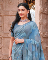 Vishal Prints Cool Blue And Slate Grey Printed Georgette Saree With Fancy Border