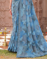 Vishal Prints Cool Blue And Slate Grey Printed Georgette Saree With Fancy Border