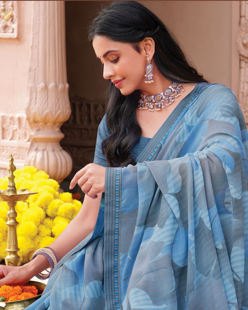 Vishal Prints Cool Blue And Slate Grey Printed Georgette Saree With Fancy Border