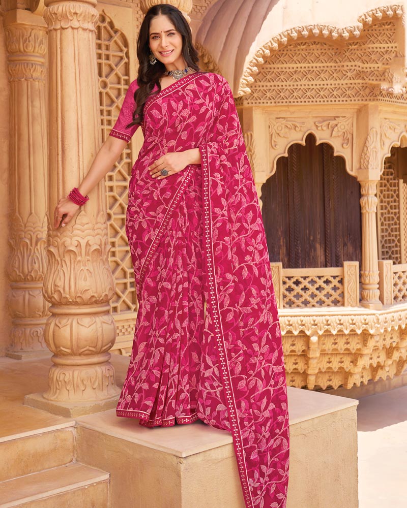 Vishal Prints Deep Rani Pink Printed Georgette Saree With Fancy Border