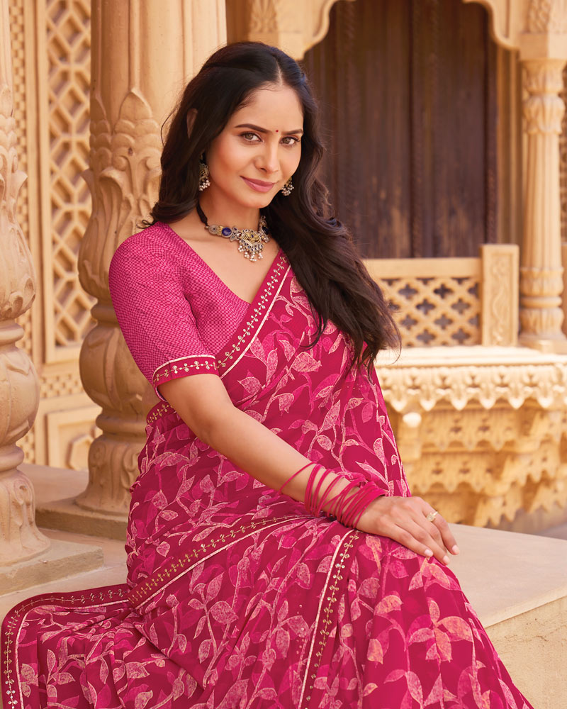 Vishal Prints Deep Rani Pink Printed Georgette Saree With Fancy Border