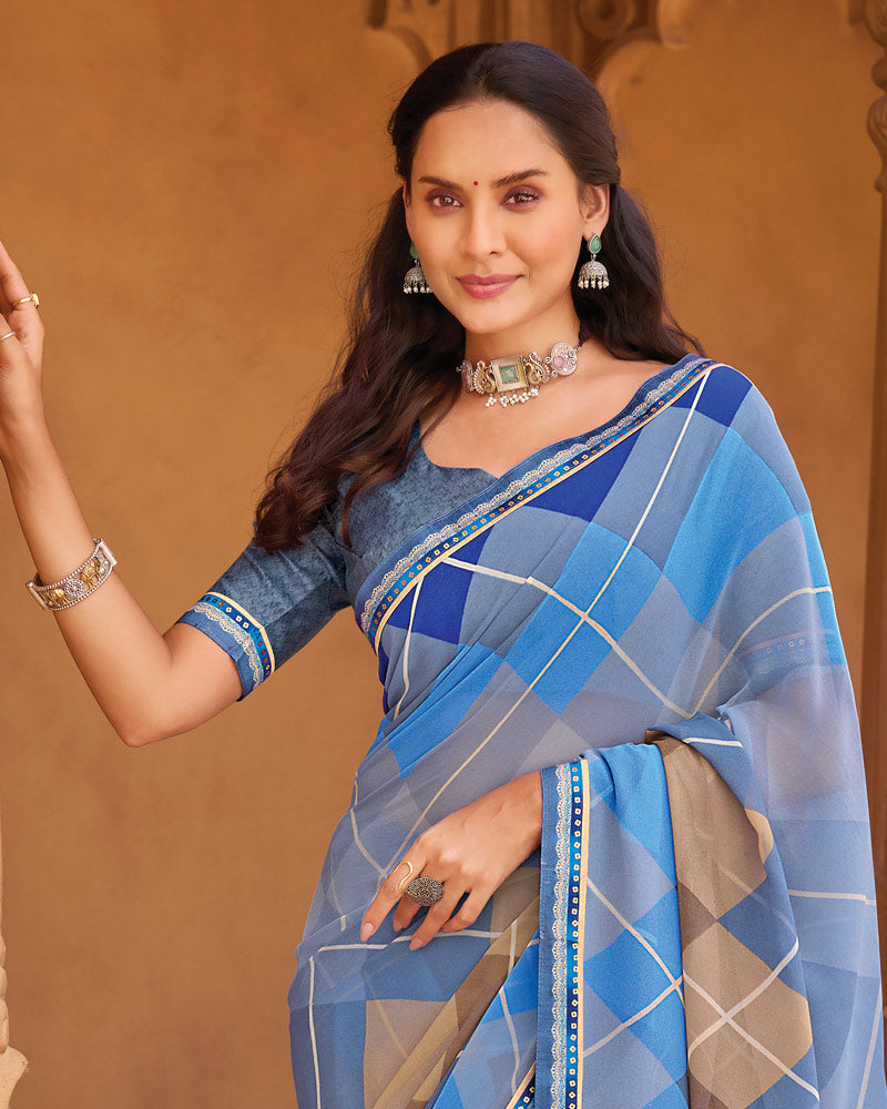 Vishal Prints Pale Blue Printed Georgette Saree With Fancy Border