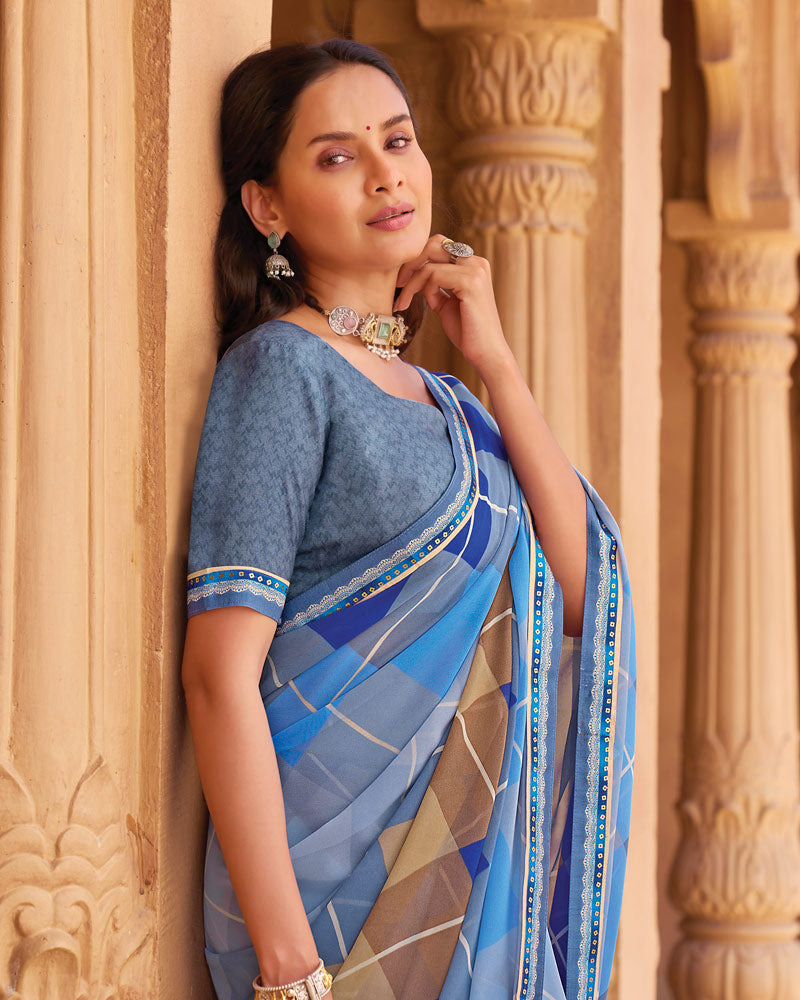 Vishal Prints Pale Blue Printed Georgette Saree With Fancy Border