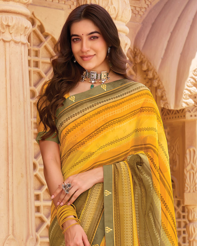 Vishal Prints Shaded Mustard Printed Georgette Saree With Fancy Border