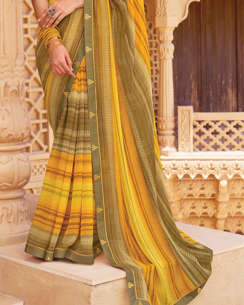 Vishal Prints Shaded Mustard Printed Georgette Saree With Fancy Border