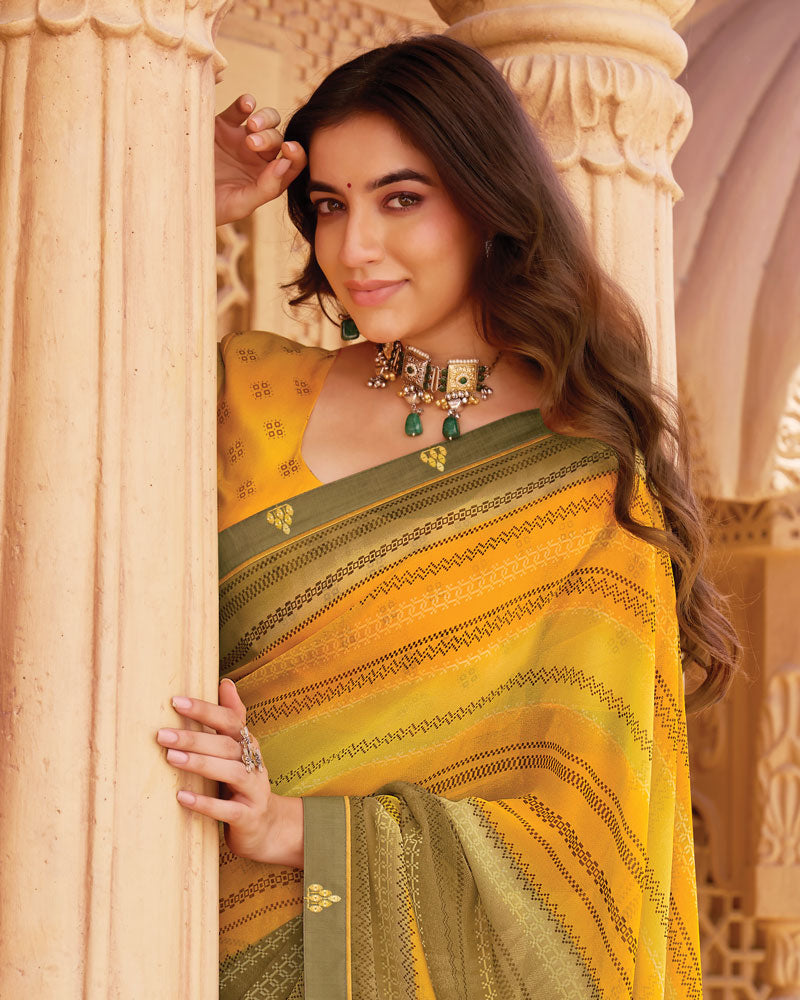 Vishal Prints Shaded Mustard Printed Georgette Saree With Fancy Border