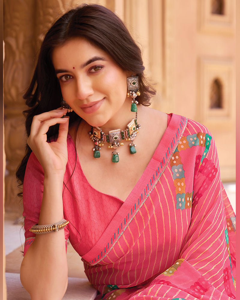 Vishal Prints Fushia Pink Printed Georgette Saree With Fancy Border