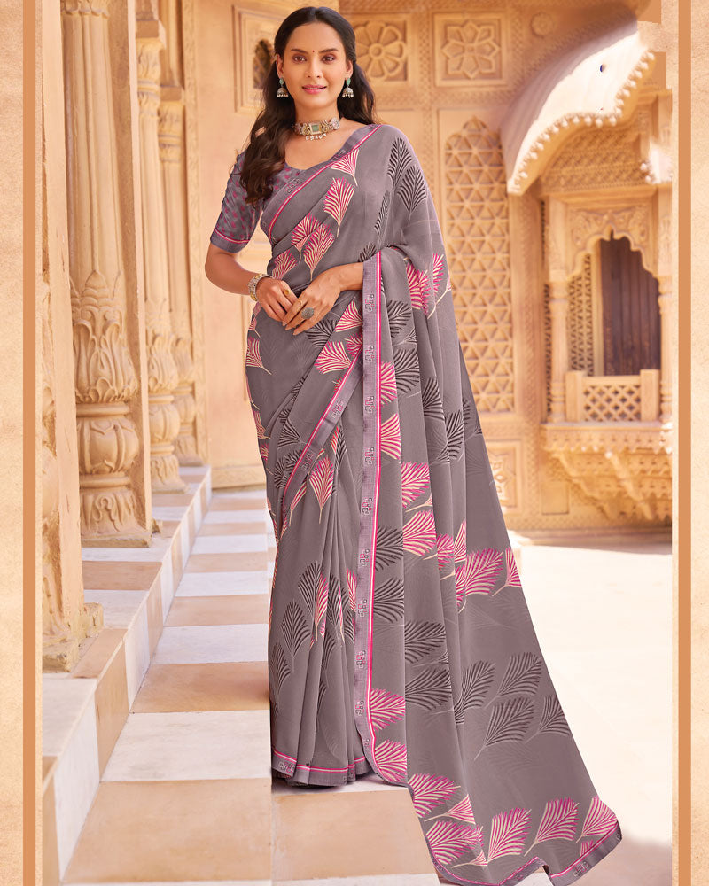 Vishal Prints Grey Printed Georgette Saree With Fancy Border