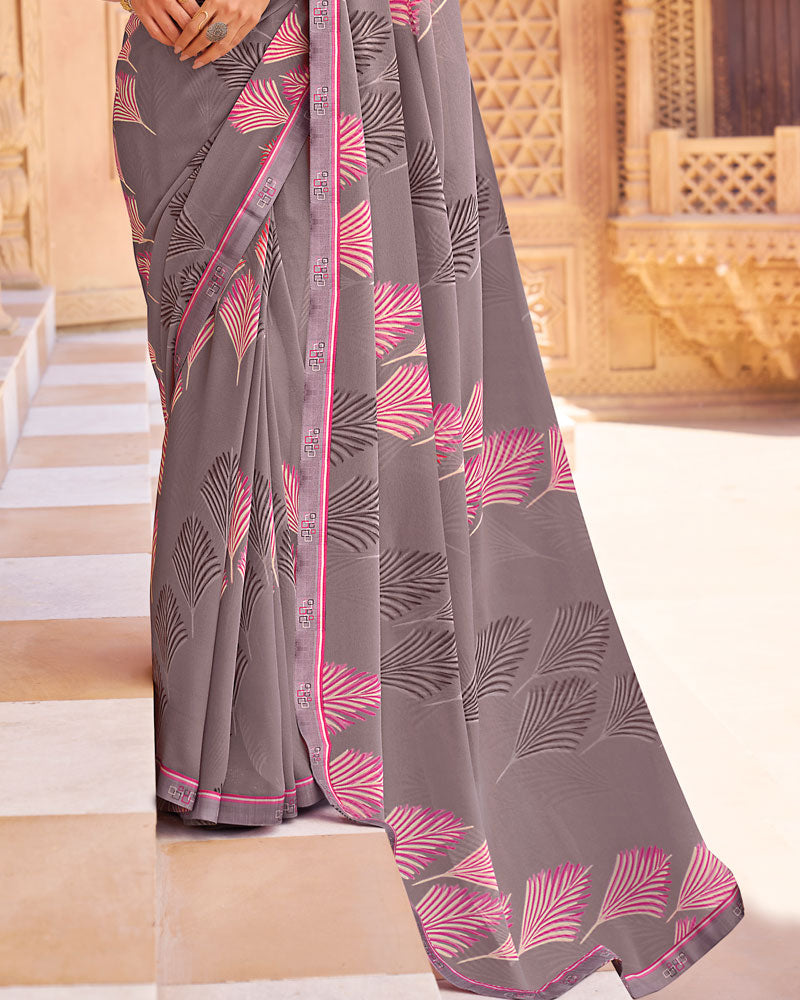 Vishal Prints Grey Printed Georgette Saree With Fancy Border