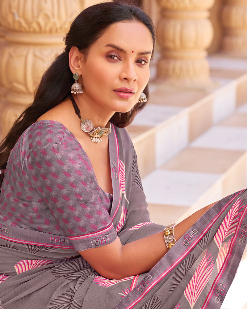 Vishal Prints Grey Printed Georgette Saree With Fancy Border