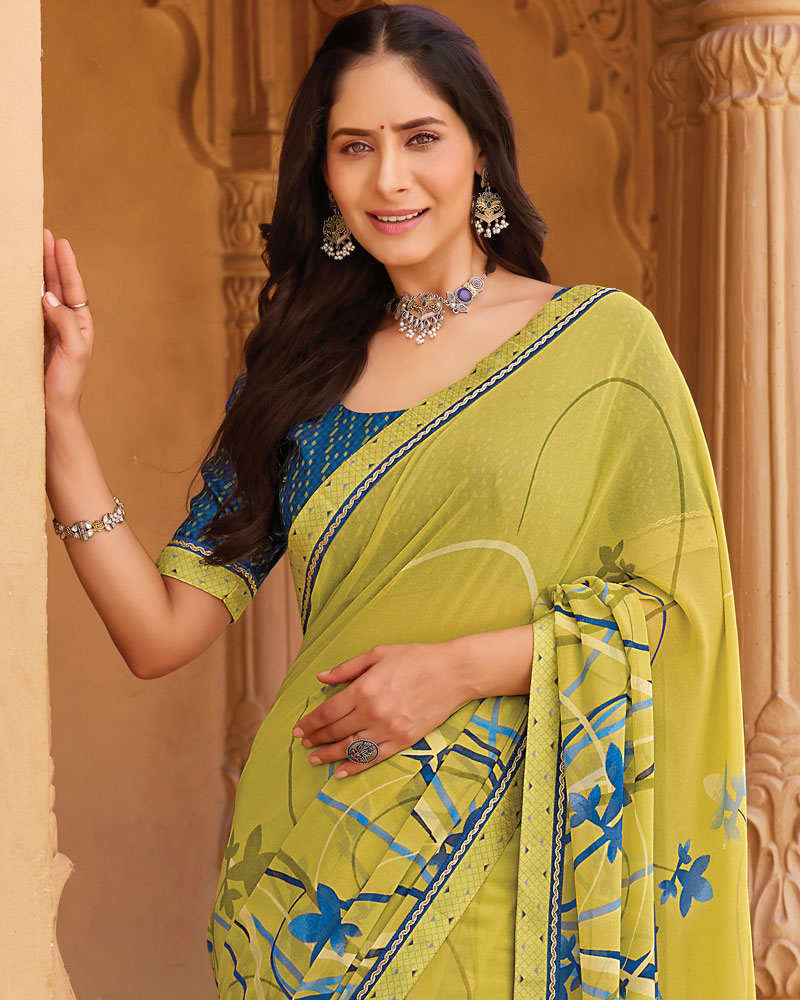 Vishal Prints Pale Green Printed Georgette Saree With Fancy Border