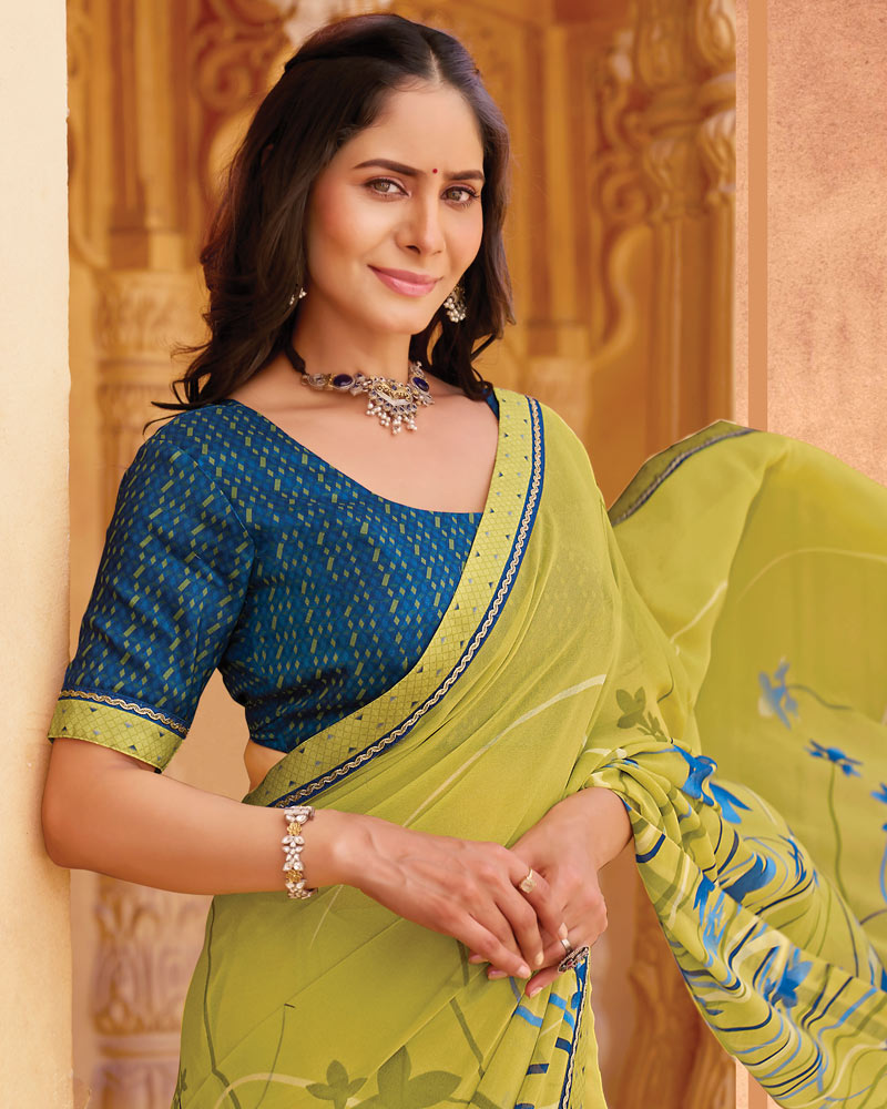 Vishal Prints Pale Green Printed Georgette Saree With Fancy Border