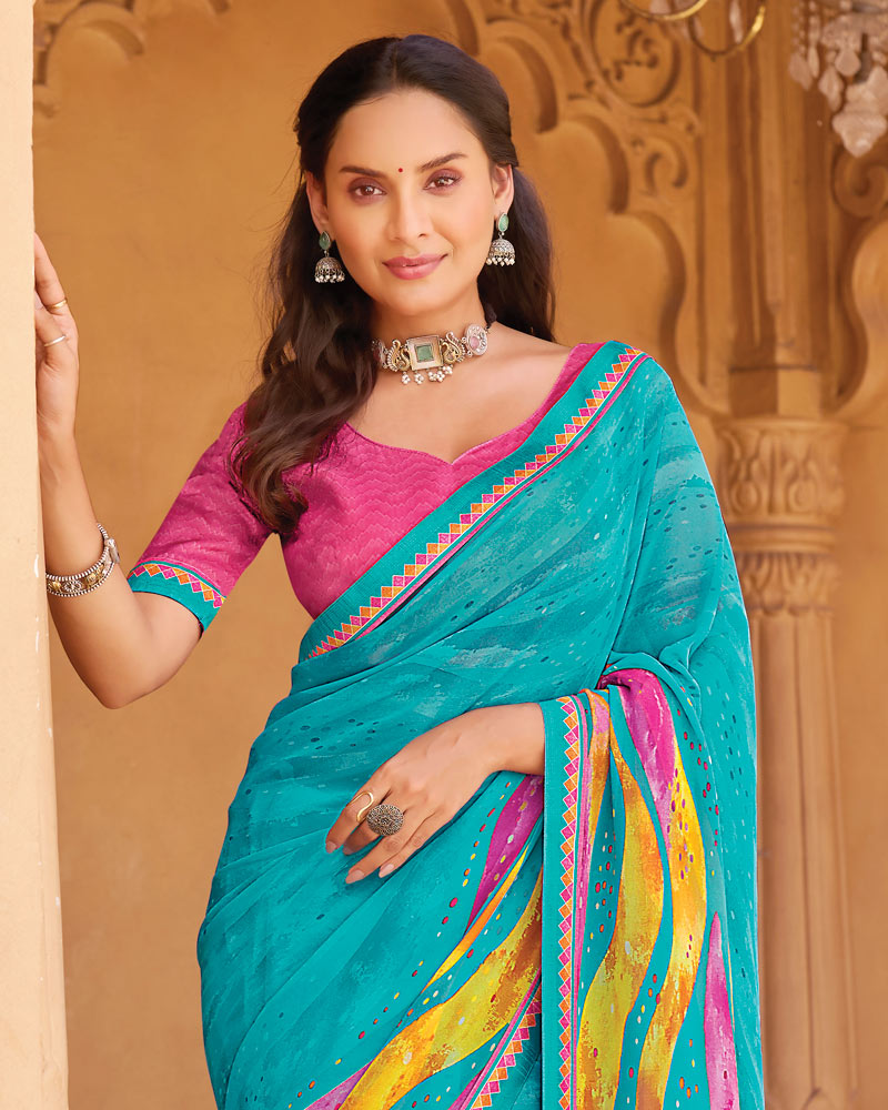 Vishal Prints Bright Blue Printed Georgette Saree With Fancy Border